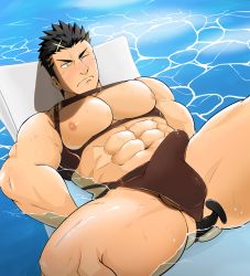 Rule 34 | 1boy, abs, anal, anal object insertion, bara, bare pectorals, black hair, blush, brown male swimwear, bulge, chest harness, dildo, dildo riding, enpei09, erection, erection under clothes, facial hair, feet out of frame, halo, harness, highres, large pectorals, lying, male focus, male penetrated, male swimwear, mature male, muscular, muscular male, navel, nipples, object insertion, official alternate costume, on back, partially submerged, pectorals, sex toy, short hair, sideburns, solo, spread legs, stomach, stubble, swim briefs, thick thighs, thighs, tokyo houkago summoners, water, zabaniyya (housamo)