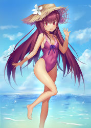Rule 34 | 1girl, bad id, bad pixiv id, barefoot, casual one-piece swimsuit, fate/grand order, fate (series), frilled swimsuit, frills, hat, highres, long hair, looking at viewer, navel, one-piece swimsuit, pink one-piece swimsuit, purple hair, red eyes, scathach (fate), scathach (fate), solo, standing, standing on one leg, sun hat, swimsuit, waving, yahiro (heartseek000), aged down