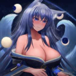 Rule 34 | 1girl, absurdres, animal ear fluff, animal ears, aricsphere1, artist name, azur lane, bare shoulders, blush, breasts, cleavage, fox ears, fox girl, fox tail, gold trim, highres, huge breasts, japanese clothes, kimono, kitsune, kyuubi, large tail, long hair, moon phases, multiple tails, purple eyes, purple hair, shinano (azur lane), solo, tail, upper body, very long hair, white tail