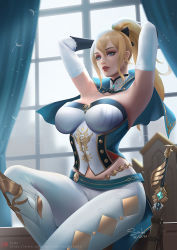 Rule 34 | 1girl, armpits, blonde hair, blue eyes, bow, capelet, chair, choker, corset, elbow gloves, genshin impact, gloves, hair bow, indoors, jean (genshin impact), lips, looking at viewer, midriff, navel, parted lips, ponytail, sade abyss, sitting, snitight, solo, sword, table, weapon, window