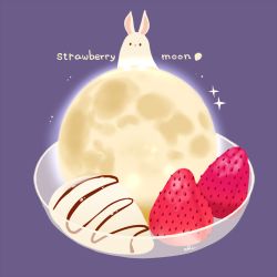 Rule 34 | animal, bowl, chai (drawingchisanne), chocolate syrup, commentary request, english text, food, food focus, fruit, glass, glass bowl, ice cream, looking at viewer, moon, no humans, original, rabbit, signature, simple background, sparkle, strawberry, undersized animal