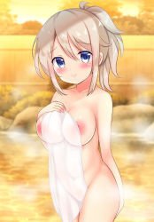 Rule 34 | 1girl, aoyama blue mountain, blue eyes, blurry, blurry background, blush, breasts, closed mouth, collarbone, commentary request, covered navel, covering privates, depth of field, fence, gochuumon wa usagi desu ka?, groin, hair between eyes, hand up, large breasts, nipples, nude cover, onsen, ponytail, revision, rikatan, sidelocks, smile, solo, steam, towel, water