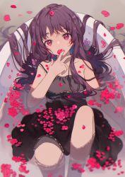 Rule 34 | 1girl, bathtub, black dress, brown hair, closed mouth, collarbone, dress, flat chest, flower, hand to own mouth, hand up, head tilt, highres, lips, long hair, looking at viewer, lying, nail polish, omutatsu, original, petals, pink eyes, pink nails, rose, sleeveless, solo, very long hair, water, wet, wet hair