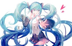Rule 34 | 1girl, absurdly long hair, aono 99, aqua eyes, aqua hair, aqua necktie, bare shoulders, black skirt, black sleeves, black thighhighs, character name, cowboy shot, detached sleeves, from side, hair ornament, hatsune miku, headphones, headset, heart, highres, long hair, looking at viewer, looking to the side, miniskirt, necktie, open mouth, outstretched arm, pleated skirt, reaching, reaching towards viewer, shirt, shoulder tattoo, signature, skirt, sleeveless, sleeveless shirt, solo, tattoo, thighhighs, twintails, very long hair, vocaloid, white background, white shirt, zettai ryouiki