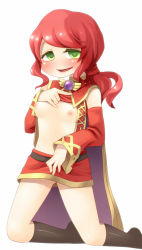 Rule 34 | 00s, blush, breasts, cape, clothes lift, gem, green eyes, kneehighs, kneeling, maplestory, naughty face, navel, nipples, no nose, open mouth, oz (maplestory), ponytail, pussy juice, red hair, shirt lift, skirt, small breasts, socks