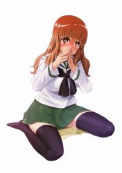Rule 34 | 1girl, black neckerchief, black thighhighs, blunt bangs, blush, breasts, brown eyes, brown hair, covering own mouth, embarrassed, female focus, fingers together, full body, girls und panzer, green skirt, hands up, long hair, long sleeves, looking at viewer, lunalu9, matching hair/eyes, medium breasts, miniskirt, neckerchief, own hands together, peeing, peeing self, pleated skirt, puddle, sailor collar, school uniform, serafuku, shirt, simple background, sitting, skirt, solo, takebe saori, thighhighs, wariza, wet, wet clothes, white background, white sailor collar, white shirt