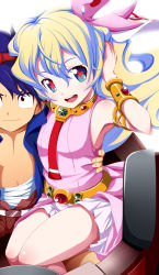 Rule 34 | + +, 00s, 1boy, 1girl, aged down, arm up, armlet, bad id, bad pixiv id, blue hair, bracelet, couple, cross-shaped pupils, flower, hachimitsu candy, hair flower, hair ornament, highres, jewelry, lots of jewelry, multicolored hair, nia teppelin, simon (ttgl), sitting, skirt, smile, symbol-shaped pupils, tengen toppa gurren lagann, two-tone hair