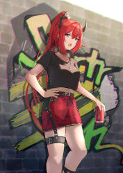 Rule 34 | 1girl, absurdres, arknights, belt, belt buckle, black belt, black choker, black shirt, buckle, can, candy, choker, commentary request, cowboy shot, cross, cross necklace, demon horns, food, food in mouth, garter straps, graffiti, hand on own hip, highres, holding, holding can, horns, jewelry, lollipop, long hair, looking at viewer, midriff, miniskirt, necklace, nyanko960121, official alternate costume, open mouth, outdoors, partial commentary, purple eyes, red hair, red skirt, ring, shirt, simple background, single garter strap, skirt, solo, surtr (arknights), surtr (liberte echec) (arknights), very long hair