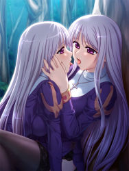 Rule 34 | 2girls, against tree, artist request, cross, cross necklace, eye contact, female focus, jewelry, kiss, long hair, looking at another, multiple girls, nature, necklace, outdoors, purple eyes, saliva, saliva trail, thighhighs, tongue, tree, yuri