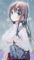 Rule 34 | 1girl, bag, black hair, blue eyes, blush, breasts, cat hair ornament, collared shirt, covered erect nipples, female focus, hair ornament, hairclip, highres, holding strap, large breasts, long hair, long sleeves, looking at viewer, march-bunny, original, parted lips, rain, school uniform, see-through, shirt, solo, wet, wet clothes, wet shirt, white shirt