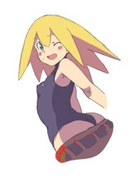 Rule 34 | 1girl, ass, blonde hair, blush stickers, breasts, female focus, from behind, green eyes, heiyuu!, highres, leotard, looking back, mega man (series), mega man legends (series), nipples, one eye closed, roll caskett (mega man), simple background, small breasts, solo, white background