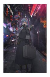 Rule 34 | 1girl, absurdres, backlighting, black coat, blue hair, border, briefcase, capelet, car, chinese text, chromatic aberration, city, coat, cyberpunk, cyborg, female focus, fog, glowing, glowing eyes, highres, long coat, looking at viewer, medium hair, mole, mole under eye, motor vehicle, neon lights, night, oota youjo, original, plague doctor mask, plug (piercing), pouch, road, science fiction, sign, solo, standing, white border, yellow eyes