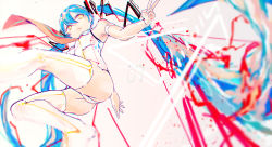 Rule 34 | &gt;:/, 1girl, :/, :p, abstract, absurdly long hair, arm behind back, armlet, armpits, bad id, bad pixiv id, bare shoulders, blue hair, blurry, breasts, closed mouth, colorful, commentary request, depth of field, from below, groin, hair between eyes, hair ornament, hatsune miku, highres, leotard, long hair, orange eyes, parted bangs, pink background, reoen, simple background, sleeveless, small breasts, solo, text focus, thighhighs, thighs, tongue, tongue out, twintails, twintails day, v, v-shaped eyebrows, very long hair, vocaloid, wind, wind lift