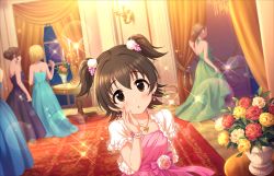 Rule 34 | 5girls, akagi miria, blush, brown eyes, brown hair, candlelight, child, cocktail dress, dress, earrings, flat chest, flower, frills, hair ornament, hand over face, idolmaster, idolmaster cinderella girls, indoors, jewelry, looking at viewer, multiple girls, official art, open mouth, party, petite, ribbon, rose, solo focus, window