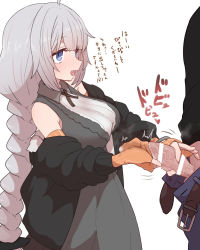 Rule 34 | 1boy, 1girl, ahoge, bar censor, bare shoulders, black jacket, blue eyes, blush, breasts, censored, elbow gloves, fingerless gloves, gloves, hair ornament, handjob, hetero, jacket, kizuna akari, large breasts, long hair, off shoulder, open mouth, orange gloves, penis, penis in glove, silver hair, simple background, sleevejob, sleeves past wrists, solo focus, sumiyao (amam), translation request, very long hair, vocaloid, voiceroid, white background