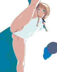 Rule 34 | 1girl, ass, bad id, bad pixiv id, ball, blonde hair, blue eyes, braid, competition swimsuit, highres, kneepits, long hair, one-piece swimsuit, original, sakuraidai, simple background, solo, split, spread legs, standing, standing on one leg, standing split, swimsuit, twin braids, white one-piece swimsuit