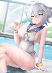Rule 34 | 1girl, antenna hair, arm support, artist name, azur lane, blue eyes, blue sailor collar, blurry, blurry background, bracelet, breasts, casual one-piece swimsuit, cleavage, commentary, covered navel, crossed legs, day, double bun, english commentary, engrish commentary, food, frilled one-piece swimsuit, frills, grey hair, hair between eyes, hair bun, hair ornament, hairclip, highres, jade (a lick of summer) (azur lane), jade (azur lane), jewelry, large breasts, legs, light blush, looking at viewer, mixed-language commentary, neckerchief, official alternate costume, one-piece swimsuit, one eye closed, pool, poolside, popsicle, rika ryne, sailor collar, sideboob, sidelocks, signature, sitting, solo, sunlight, swimsuit, thighs, tongue, tongue out, white neckerchief, white one-piece swimsuit, wristband