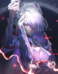 Rule 34 | 1girl, acheron (honkai: star rail), armor, artist name, black choker, black gloves, black hole, breasts, chain, chain around arm, choker, chromatic aberration, cleavage, closed mouth, coat, detached sleeves, elbow gloves, electricity, gloves, glowing, glowing weapon, gradient hair, hair ornament, hair over one eye, holding, holding sword, holding weapon, honkai: star rail, honkai (series), john carvie, katana, large breasts, long hair, looking at viewer, multicolored hair, partially shaded face, purple hair, red eyes, scabbard, serious, sheath, shoulder armor, single elbow glove, solo, streaked hair, sword, unsheathing, upper body, weapon, white coat, white hair
