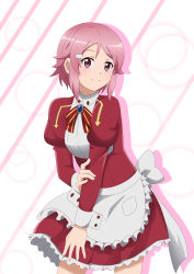 Rule 34 | 1girl, absurdres, apron, back bow, bow, closed mouth, cowboy shot, frilled apron, frilled skirt, frills, hair ornament, hairclip, highres, ken-ji, lisbeth (sao), long sleeves, looking at viewer, miniskirt, neck ribbon, pink hair, pleated skirt, red eyes, red ribbon, red shirt, red skirt, ribbon, shirt, short hair, skirt, skirt set, smile, solo, standing, striped, striped background, striped ribbon, sword art online, waist apron, white apron, white background, white bow