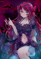 Rule 34 | 1girl, absurdres, bat (animal), blue eyes, breasts, cleavage, clothing cutout, dress, duel monster, hand in own hair, hand up, highres, kanzakietc, knee up, medium breasts, multicolored hair, navel cutout, purple hair, red eyes, red hair, short sleeves, sitting, smile, solo, vampire fascinator, yu-gi-oh!