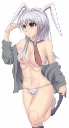 Rule 34 | 1girl, alternate hair color, animal ears, bad id, bad pixiv id, breasts, censored, convenient censoring, daito, female focus, grey hair, long hair, panties, rabbit ears, red eyes, reisen udongein inaba, solo, toned, touhou, underwear, undressing