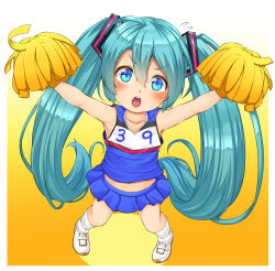 Rule 34 | 1girl, aged down, alternate costume, armpits, blue eyes, blue hair, blue shirt, blue skirt, blush, cheerleader, commentary request, flat chest, full body, gradient background, hair between eyes, hair ornament, hatsune miku, highres, kitsunerider, long hair, looking at viewer, midriff, miniskirt, navel, open mouth, orange background, pom pom (clothes), shirt, shoes, skirt, sleeveless, sleeveless shirt, socks, solo, twintails, very long hair, vocaloid, white footwear, white socks