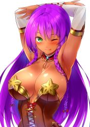Rule 34 | :p, agarwood, armpits, arms up, blush, bow, braid, breasts, cleavage, corset, dark-skinned female, dark skin, elbow gloves, gloves, green eyes, hair bow, halterneck, large breasts, long hair, looking at viewer, newman, original, phantasy star, phantasy star online 2, purple hair, shiny skin, simple background, smile, solo, tongue, tongue out, tsurime, white background