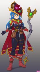 Rule 34 | 1girl, absurdres, armor, belt pouch, blue hair, boots, breasts, buckle, cape, commentary, commission, commissioner upload, completionist cape (runescape), dang (runescape), duellist&#039;s cap (tier 6), earrings, english commentary, fire, full body, gloves, glowing hat, hat, highres, holding, holding staff, jewelry, long hair, looking at viewer, medium breasts, multiple earrings, orange eyes, original, pouch, purple fire, runescape, ryev, signature, simple background, smile, solo, staff, staff of armadyl (runescape), standing, thick eyebrows, vial, weapon, yellow eyes