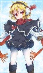 Rule 34 | 1girl, adapted costume, ahoge, ascot, black capelet, black dress, blonde hair, blue background, boots, capelet, clenched hands, cowboy shot, dress, earmuffs, eyebrows, frilled capelet, frilled skirt, frills, gradient background, hair between eyes, hair ribbon, knee boots, long sleeves, looking at viewer, mittens, outstretched arms, pantyhose, red ascot, red eyes, red scarf, ribbon, rumia, scarf, short hair, skirt, smile, solo, sparkle, striped clothes, striped scarf, touhou, uumaru, white pantyhose, winter