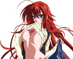 Rule 34 | 1girl, absurdres, ahoge, blue eyes, bra, bra lift, breasts, clothes lift, floating hair, hair between eyes, high school dxd, highres, holding, large breasts, long hair, looking at viewer, midriff, mouth hold, navel, official art, red bra, red hair, rias gremory, shiny skin, simple background, solo, standing, stomach, sweater, sweater lift, touhu (f&quot;riend coffee), underboob, underwear, upper body, vector trace, very long hair, white background