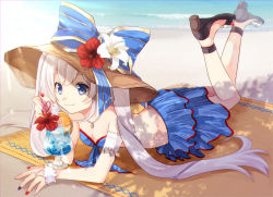 Rule 34 | 1girl, arm cuffs, beach, bikini, bikini skirt, black footwear, blue bikini, blue bow, blue eyes, blue nails, blue skirt, bow, breasts, cleavage, day, fate/grand order, fate (series), flower, hat, hat bow, hat flower, hibiscus, high heels, iroha (shiki), jewelry, layered skirt, long hair, lying, marie antoinette (fate), marie antoinette (fate/grand order), marie antoinette (swimsuit caster) (fate), marie antoinette (swimsuit caster) (third ascension) (fate), medium breasts, nail polish, necklace, ocean, on stomach, outdoors, red flower, red nails, ring, silver hair, skirt, smile, solo, strapless, strapless bikini, striped, striped bow, sun hat, swimsuit, the pose, twintails, white flower, white nails