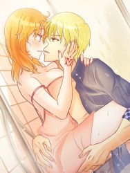 Rule 34 | 1boy, 1girl, alternate costume, arm around neck, bad id, bad pixiv id, blonde hair, blue shirt, breast press, breasts, brown eyes, cleavage, collared shirt, couple, dress, dress shirt, dutch angle, eye contact, fate/grand order, fate (series), from side, fujimaru ritsuka (female), gilgamesh (fate), imminent kiss, indoors, leg lift, long hair, looking at another, medium breasts, mixed-sex bathing, nail polish, off shoulder, official alternate costume, open clothes, open shirt, red eyes, red nails, riako, shared bathing, shirt, short dress, showering, sleeveless, sleeveless dress, wing collar