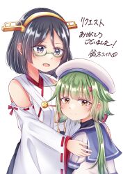 Rule 34 | 2girls, absurdres, beret, black hair, black undershirt, blue sailor collar, brown eyes, closed mouth, detached sleeves, glasses, green-framed eyewear, green hair, grey eyes, hat, headgear, height difference, highres, kantai collection, kirishima (kancolle), kirishima kai ni (kancolle), long hair, low ponytail, multiple girls, nontraditional miko, noumi (kancolle), open mouth, puffy short sleeves, puffy sleeves, ribbon-trimmed sleeves, ribbon trim, sailor collar, shirt, short hair, short sleeves, smile, suzuki suika, white headwear, white shirt, wide sleeves