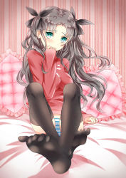 Rule 34 | 1girl, black hair, black thighhighs, blush, fate/stay night, fate (series), feet, foot focus, green eyes, hair ribbon, luoye, no shoes, ribbon, solo, thighhighs, tohsaka rin, two side up