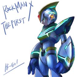 Rule 34 | 1boy, absurdres, android, blue gloves, copyright name, cowboy shot, english text, first armor x (mega man), gloves, green eyes, helmet, hi-go!, highres, male focus, mega man (series), mega man x (series), profile, signature, simple background, sketch, solo, white background, x (mega man)