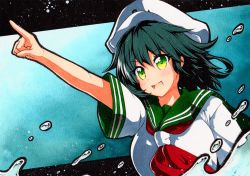 Rule 34 | 1girl, :d, black hair, blue background, gradient background, green hair, green sailor collar, hair between eyes, hat, murasa minamitsu, open mouth, pointing, qqqrinkappp, red neckwear, sailor, sailor collar, sailor hat, short hair, short sleeves, smile, solo, touhou, traditional media, upper body, water, white hat