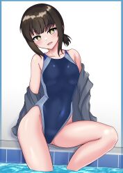 Rule 34 | 1girl, absurdres, alternate costume, black hair, blue one-piece swimsuit, brown hair, competition swimsuit, fubuki (kancolle), highres, jacket, kantai collection, long sleeves, looking at viewer, low ponytail, one-piece swimsuit, ponytail, pool, poolside, school uniform, short hair, short ponytail, sitting, smile, soaking feet, solo, swimsuit, tokiwa senkei, water