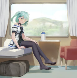 Rule 34 | 1girl, absurdres, blush, feet, green eyes, green hair, gu ling yu, highres, looking at viewer, medium hair, no shoes, pantyhose, parted lips, side ponytail, sitting, soles, steam, toes
