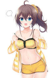 Rule 34 | 1girl, :d, ahoge, bare shoulders, blank speech bubble, blue eyes, bra, breasts, brown hair, collarbone, commentary request, cowboy shot, hair between eyes, hair ornament, hair scrunchie, haluka (aixioo), highres, hololive, jacket, long hair, looking at viewer, medium breasts, natsuiro matsuri, natsuiro matsuri (matsuri&#039;s day off), navel, off shoulder, open clothes, open jacket, open mouth, scrunchie, short shorts, shorts, side ponytail, sidelocks, simple background, smile, solo, speech bubble, stomach, striped clothes, striped jacket, underwear, virtual youtuber, white background, yellow bra, yellow scrunchie, yellow shorts
