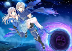 Rule 34 | &gt;:d, 1boy, 1girl, :d, :o, bare shoulders, black footwear, black gloves, blonde hair, blue eyes, blue footwear, blue gemstone, blue pants, blue skirt, boots, carrying, clenched teeth, dagger, detached sleeves, portal (object), flying, frilled sleeves, frills, full moon, gem, gloves, grey eyes, holding, holding weapon, injury, jewelry, knee boots, knife, landscape, long hair, moon, night, night sky, ocean, open mouth, original, pants, pleated skirt, purple scarf, river, scarf, see-through, skirt, sky, smile, star (sky), starry sky, teeth, thighhighs, torn clothes, torn legwear, torn scarf, torn thighhighs, v-shaped eyebrows, villyane, weapon, white thighhighs, zettai ryouiki