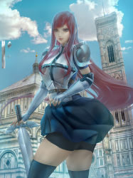 Rule 34 | 1girl, armor, belt, belt buckle, bracer, brown hair, buckle, building, cowboy shot, elbow gloves, erza scarlet, fairy tail, fingerless gloves, gloves, long hair, looking at viewer, outdoors, rain wzq, red hair, shorts, shorts under skirt, shoulder armor, skirt, solo, sword, thighhighs, very long hair, weapon
