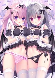 Rule 34 | 2girls, :d, apron, black dress, black panties, black sleeves, black wings, bow, bow panties, breasts, cameltoe, cleavage, clothes lift, commentary request, detached sleeves, dress, dress lift, fang, frilled apron, frilled panties, frills, gluteal fold, grey hair, hasune, highres, long hair, maid, maid headdress, medium breasts, multiple girls, navel, open mouth, original, panties, parted lips, pink hair, pink panties, plaid, plaid panties, puffy short sleeves, puffy sleeves, purple eyes, red eyes, short sleeves, smile, thighhighs, twintails, two side up, underwear, very long hair, white apron, wings