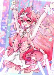 Rule 34 | 1girl, :d, ahoge, arms up, blush, bow, cowboy shot, dress, elsword, frills, glowstick, hair bow, half updo, headset, highres, idol, laby (elsword), layered dress, long hair, looking at viewer, open mouth, pink bow, pink dress, pink eyes, pink hair, pink theme, ponytail, rimsuk, sharp teeth, smile, solo, standing, sweat, teeth, waist bow