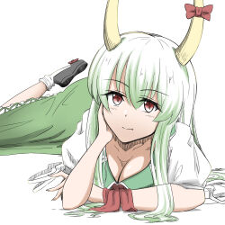 Rule 34 | 1girl, black footwear, bow, breasts, cleavage, closed mouth, dress, erakokyu01, ex-keine, frilled dress, frills, green dress, horn bow, horn ornament, horns, kamishirasawa keine, lying, medium breasts, neckerchief, on stomach, puffy sleeves, red bow, red eyes, red neckerchief, shirt, simple background, slit pupils, smile, socks, solo, touhou, white background, white shirt, white socks