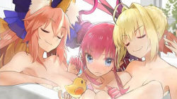 Rule 34 | 10s, 3girls, :d, ^ ^, ahoge, animal ears, artoria pendragon (all), artoria pendragon (fate), asymmetrical horns, bath, bathing, bathtub, blonde hair, blue eyes, braid, breasts, cleavage, closed eyes, closed mouth, completely nude, elizabeth bathory (fate), elizabeth bathory (fate/extra ccc), embarrassed, fang, fang out, fate/extra, fate/extra ccc, fate (series), female focus, fox ears, french braid, green eyes, hair intakes, horns, large breasts, medium breasts, multiple girls, nero claudius (fate), nero claudius (fate) (all), nero claudius (fate/extra), nude, official art, open mouth, pink hair, pointy ears, rubber duck, saber (fate), same-sex bathing, shared bathing, short hair, shy, smile, smug, tamamo (fate), tamamo no mae (fate/extra), topless, type-moon, uneven horns, wada arco, wet, yellow eyes, yuri