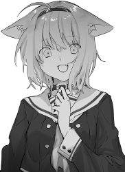 Rule 34 | 1girl, ahoge, animal ear fluff, animal ears, bad id, bad twitter id, breasts, cat ears, choker, collar, commentary, crazy smile, fangs, greyscale, hair between eyes, hairband, highres, hololive, long sleeves, looking at viewer, medium breasts, monochrome, nekomata okayu, nekomata okayu (casual), open mouth, school uniform, serafuku, short hair, simple background, smile, solo, suiso (owp), upper body, virtual youtuber, white background