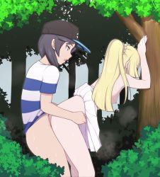 Rule 34 | 1boy, 1girl, against tree, baseball cap, bent over, black hair, blonde hair, bottomless, breasts, clothed sex, clothes lift, creatures (company), doggystyle, dress, dress lift, elio (pokemon), game freak, hat, hetero, highres, lillie (pokemon), long hair, nintendo, nipples, open mouth, outdoors, pleated skirt, pokemon, pokemon sm, ponytail, sex, sex from behind, shirt, short hair, skirt, skirt lift, small breasts, spoilers, striped clothes, striped shirt, sweat, t-shirt, topless, torso grab, tree, trembling, white skirt, yuguraniru