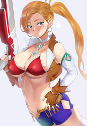 Rule 34 | 1girl, absurdres, bare shoulders, between breasts, bikini, bikini top only, blue eyes, blush, breasts, brown gloves, brown vest, calamity jane (fate), choker, cleavage, cropped vest, earrings, fate/grand order, fate (series), fingerless gloves, gloves, gun, highres, hoop earrings, hotate-chan, jewelry, large breasts, long hair, long sleeves, looking at viewer, navel, open mouth, orange hair, puckered lips, red bikini, side ponytail, simple background, solo, star tattoo, swimsuit, tattoo, thighhighs, two-tone shorts, vest, weapon, white background, white thighhighs