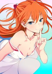 Rule 34 | 1girl, bare shoulders, blue eyes, breasts, cleavage, covered erect nipples, downblouse, dress, finger to mouth, highres, jpeg artifacts, long hair, mebae, medium breasts, nail polish, neon genesis evangelion, orange hair, seductive smile, simple background, smile, solo, souryuu asuka langley, strap slip, white dress