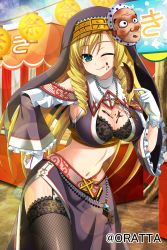 Rule 34 | 1girl, ;q, absurdres, aqua eyes, black bra, blonde hair, bra, breasts, chocolate banana, cleavage, cross, drill hair, festival, fishnet thighhighs, fishnets, food, food on body, food on face, garter straps, gloves, habit, hand on own hip, highres, lace, lace-trimmed legwear, lace bra, lace trim, large breasts, lens flare, long hair, midriff, militia minpei, momohime ryouran! sengoku asuka, navel, nun, one eye closed, original, short hair, side slit, solo, thighhighs, tongue, tongue out, twin drills, underwear, very long hair, xavier (sengoku asuka)